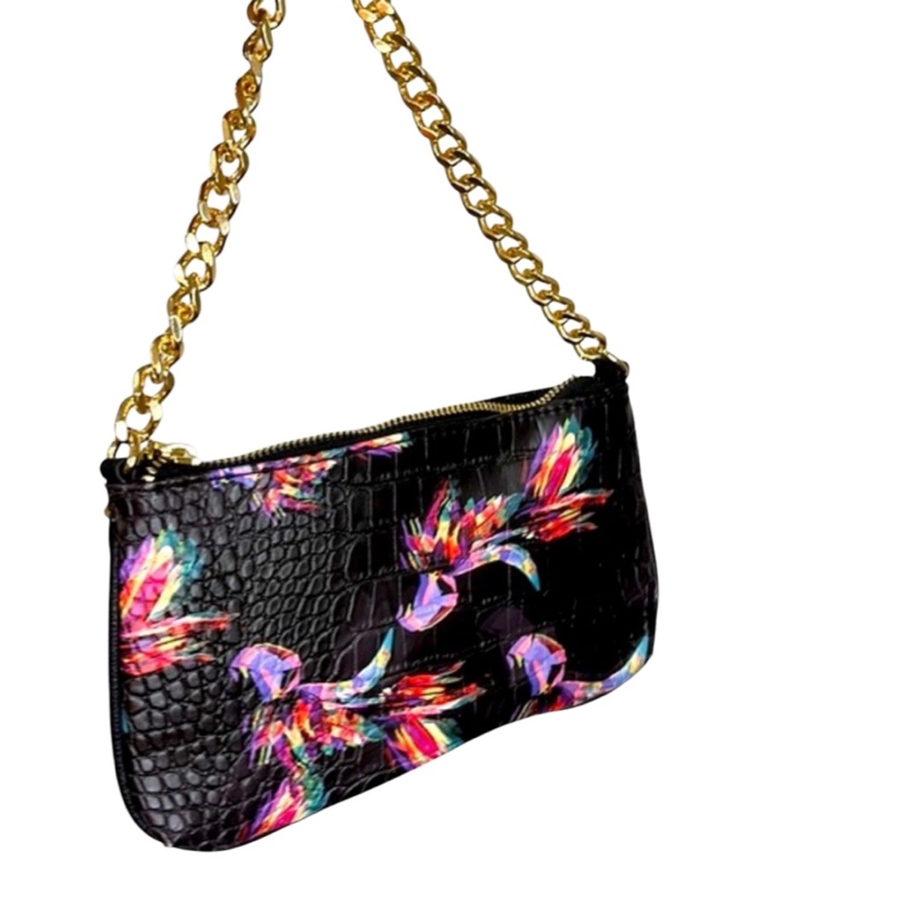 Betsey Johnson Bag Black Colorful Pattern w Gold Chain Strap Floral Interior